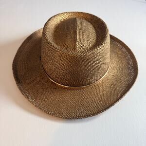 JHats Mexico Metallic Gold Straw Panama Unisex Hat-Small-Rigid Telescope Crown